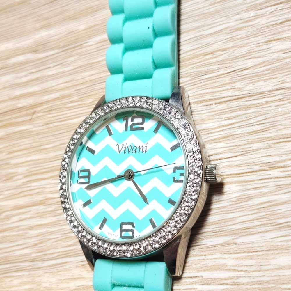 Vivani Aqua Chevron Watch with Rhinestones Bling Rubber Bank